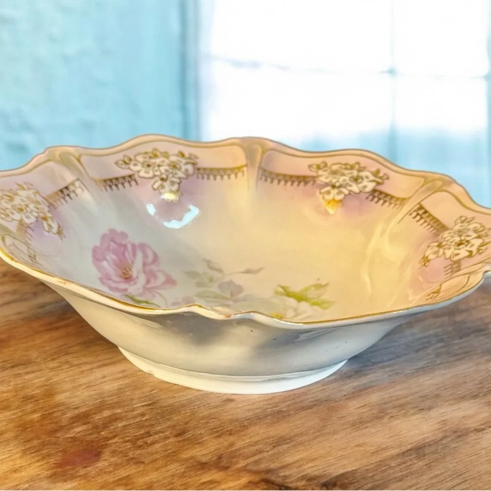 Antique RS Prussia Floral Bowl 10” Scalloped Gold Victorian Porcelain Germany